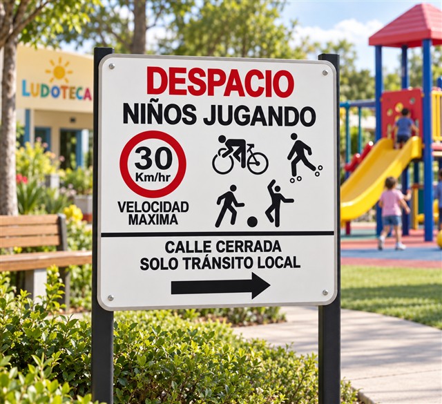 Precaución por niños jugando y límite de velocidad