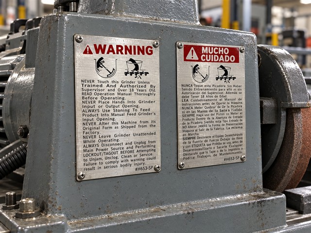 Placas bilingües de advertencia en maquinaria