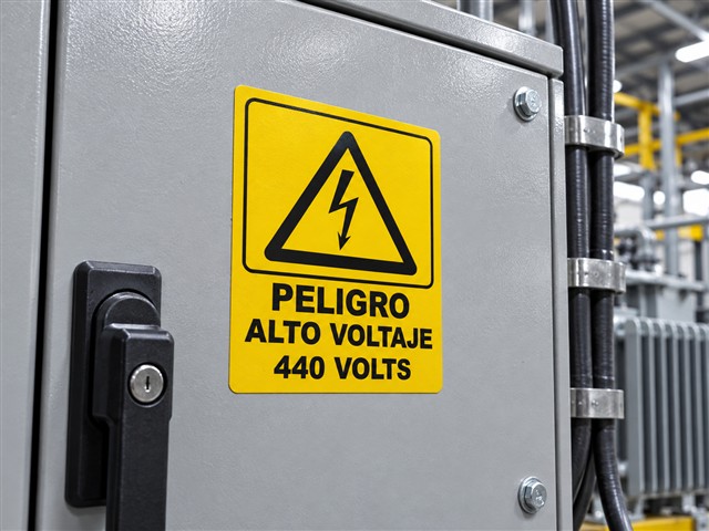 Señal amarilla de alto voltaje en gabinete